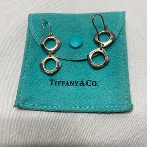 Tiffany & Co Double Square Cushion Hook Dangle Earrings Sterling Silver w/ Pouch